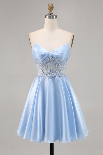 Light Blue Strapless A Line Short Homecoming Dress with Sequins